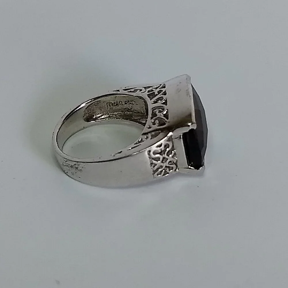 Chocolate Brown Faceted Stone Ring Openwork Sides Silver Tone Ring Size 6.5